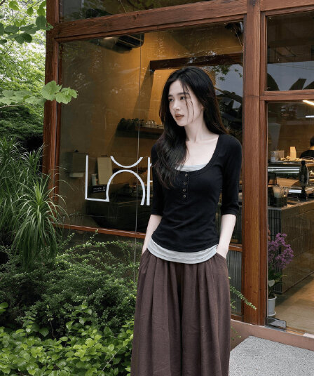 260 그램 사람들 면 가을 새로운 클래식 패치워크 색상 페이크 레이어드 5 점 소매 다용도 티셔츠 니트 맨위 소녀 동정