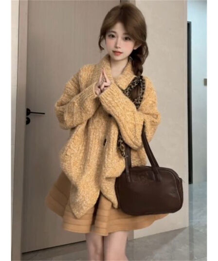 아름다움 라드. 느긋한 꽈배기 폴로 칼라 스웨터 여성 코트 가을 겨울 오래된 돈 바람 루즈핏 소뿔 버클 니트 부드러운 찹쌀 오픈 가디건