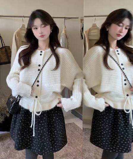 부드러운 바람 라운드 넥 허리 수축 프릴 밑단 니트 스웨터 여성 짧은 작은 키 달콤함 디자인 센스 풀오버