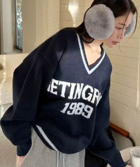 아메리칸 레트로 학원 스타일 숫자 자카드 스웨터 여자 백화 플러시 워싱 가을 겨울 루즈핏 풀오버 니트 스웨터