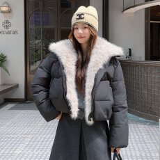 批发实拍冬季短款羽绒棉服女<b class='q'>狐狸毛</b>领加厚小个子韩版皮草面包服外套