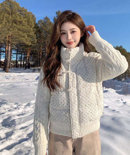 한 부서 달콤함 도트 무늬 니트 패치워크 긴팔 면 의류 여성 코트 겨울 루즈핏 두꺼운 쇼트 스타일 보온 패딩 재킷