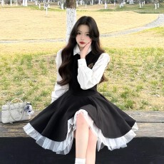 批发两件套#带胸针黑色<b class='q'>连衣裙</b>女秋季网纱撞色公主蓬蓬裙+白色上衣