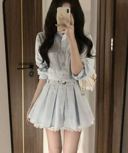벨트 포함 스트라이프 긴팔 여성 드레스 가을 새로운 레이스 조각 작은 키 허리 수축 셔츠 치마
