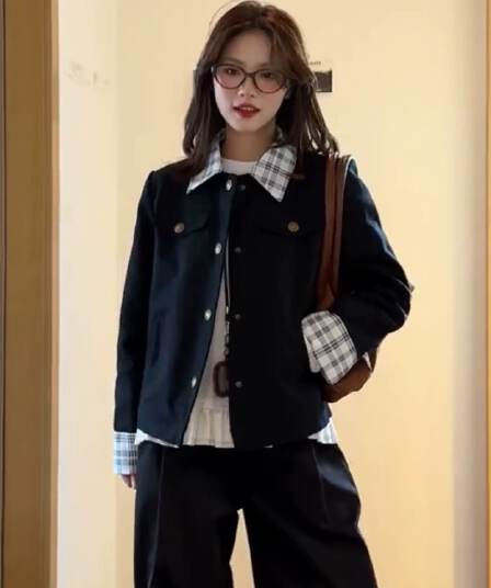 원본 높은 품질 원단 이중층 네리 새로운 봄 가을 작은 키 캐주얼 폴로 칼라 체크무늬 패치워크 재킷 트렌디