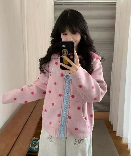 귀여운 달콤한 스타일 후드 대 지퍼 도트 무늬 니트 스웨터 맨위 봄 가을 겨울 스웨터 카디건 코트 다용도 작은 대중