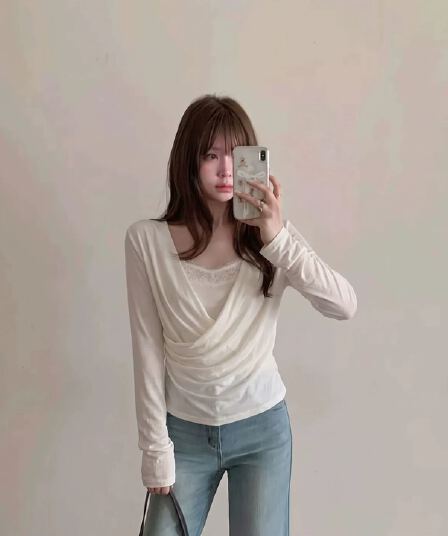 미니멀리즘 바람 흔들다 칼라 페이크 레이어드 레이스 조각 풀오버 작은 셔츠 여성 가을 새로운 핫걸 몸매 가꾸기 화이트 긴팔 맨위