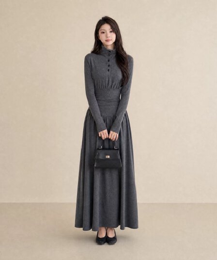 이른 가을 한 부서 학원 스타일 여성 드레스 가을 겨울 레트로 스탠드 칼라 A라인 스커트 몸매 가꾸기 슬림해 보이는 만나는 회색 길다 치마