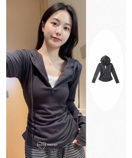 원본 품질 플러스 인사이드 빅 사이즈 페이크 레이어드 하프 지퍼 후드 긴팔 티셔츠 초기 가을 몸매 가꾸기 맨위