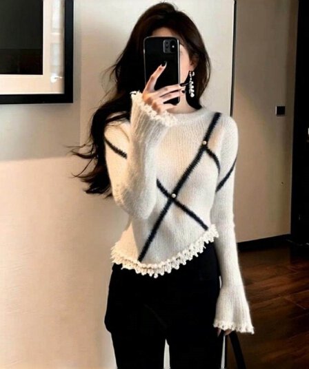 작은 샤넬 스타일 불규칙 레이스 니트 스웨터 가을 겨울철 인사이드 가져 가라. 만나는 여성 몸매 가꾸기 디자인 센스 긴팔 맨위 스웨터