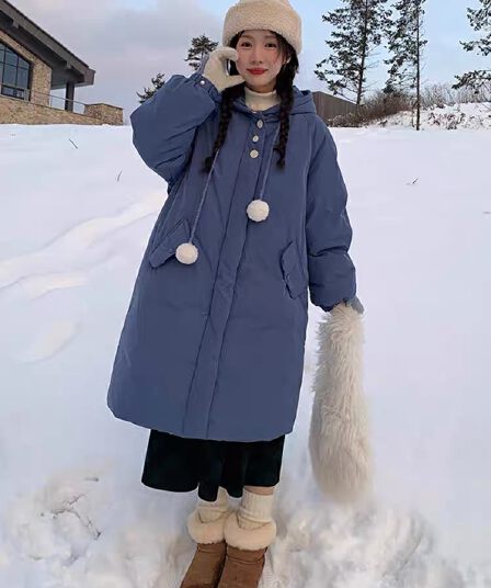 고급 센스 후드 미니멀리즘 데님 블루 면 의류 여성 가을 겨울 귀여운 연령 감소 달콤함 면 옷 보온 중간 길이 재킷