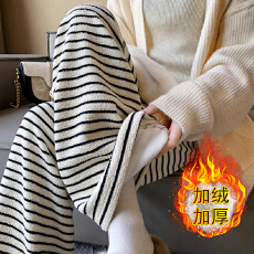 批发有口袋 黑白条纹毛巾裤秋<b class='q'>冬</b>加绒韩系宽松垂感休闲裤韩国外贸跨境