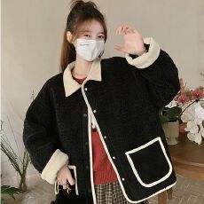 批发小香风羊羔毛外套女秋冬短款小个子韩系减龄宽松休闲撞色<b class='q'>翻领</b>外套