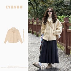 批发毛呢大衣女秋冬新款复古蝴蝶结黄色加厚宽松休闲保暖毛呢外套上衣