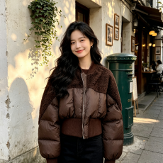 批发韩国外贸新款时尚洋气古毛边拼接翻领棉服厚款保暖短款棉衣外套