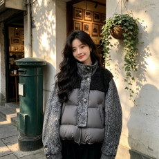 批发超好看重工撞色拼接立领加厚棉服女冬季新款流行时尚洋气宽松外套