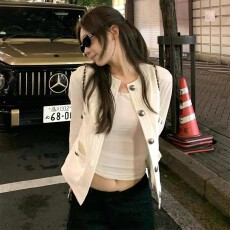 批发白色明线撞色小香风牛仔短外套女秋装韩系高级感气质夹克开衫上衣
