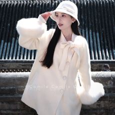 批发法式复古高级感蝴蝶结毛呢<b class='q'>外套</b>女装冬季不规则单排扣<b class='q'>显瘦</b>气质上衣