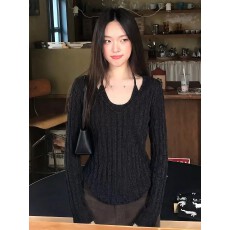 批发小众设计感坑条<b class='q'>镂空</b><b class='q'>罩衫</b>辣妹女秋季新款假两件黑色v领长袖<b class='q'>针织</b>衫
