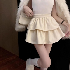 批发双面绒半身裙秋冬季纯色裙子短款松紧高腰显瘦荷叶边蛋糕短裙