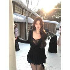 批发Mejiu蜜九幽夜幻灵法式镂空蕾丝针织连衣裙女秋冬蝴蝶结裙子