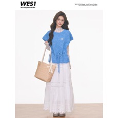 批发针织短袖上衣女<b class='q'>毛衣</b>+碎花网纱打底+长裙