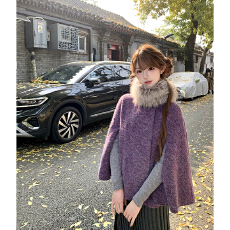 批发初梦POKEMENG 京城贵女 披肩斗篷毛呢大衣千金风毛领可拆卸<b class='q'>外套</b>