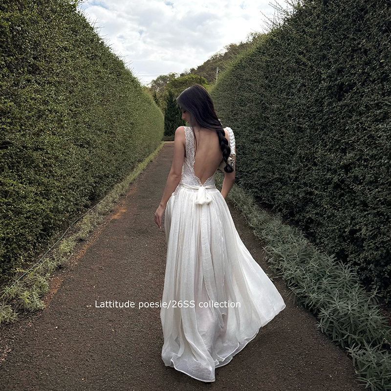 amber light 패치워크 대 백리스 스트랩 레이스 슬립 점프 슈트 롱 스커트