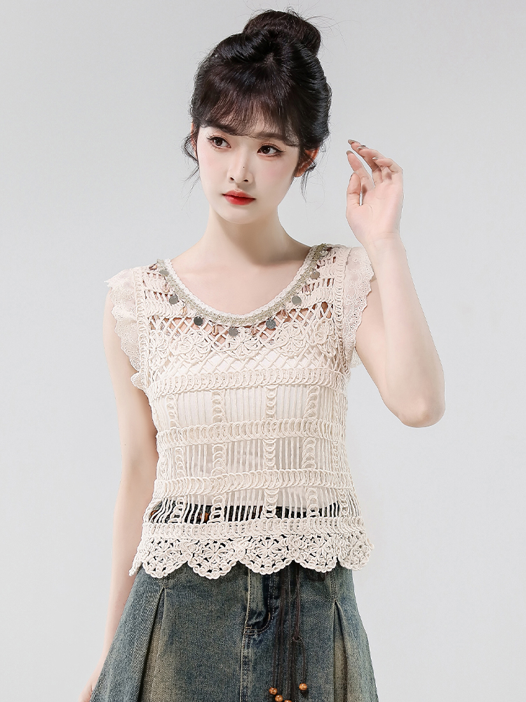 실사 2026 프랑스식 디자인 센스 자수 홀로우 아웃 라운드 넥 조끼 여성 의류 여름 니트 스웨터 레이스 작은 셔츠
