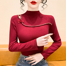 批发实拍2025<b class='q'>大码</b>薄绒磨毛重工钉钻中式国风上衣半高领<b class='q'>打底衫</b>针织T恤