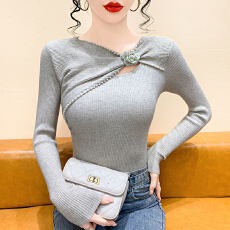 批发复古不规则立体花朵针织打底衫女内搭设计感秋冬镂空修身<b class='q'>长袖</b>上衣