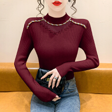 批发冬季新款设计感欧根纱拼接针织<b class='q'>打底衫</b>重工亮片韩版显瘦百搭上衣女