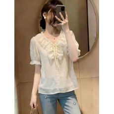 批发实拍2026夏季<b class='q'>新款</b>法式轻奢刺绣<b class='q'>雪纺衫</b>荷叶边V领系带上衣短袖薄款