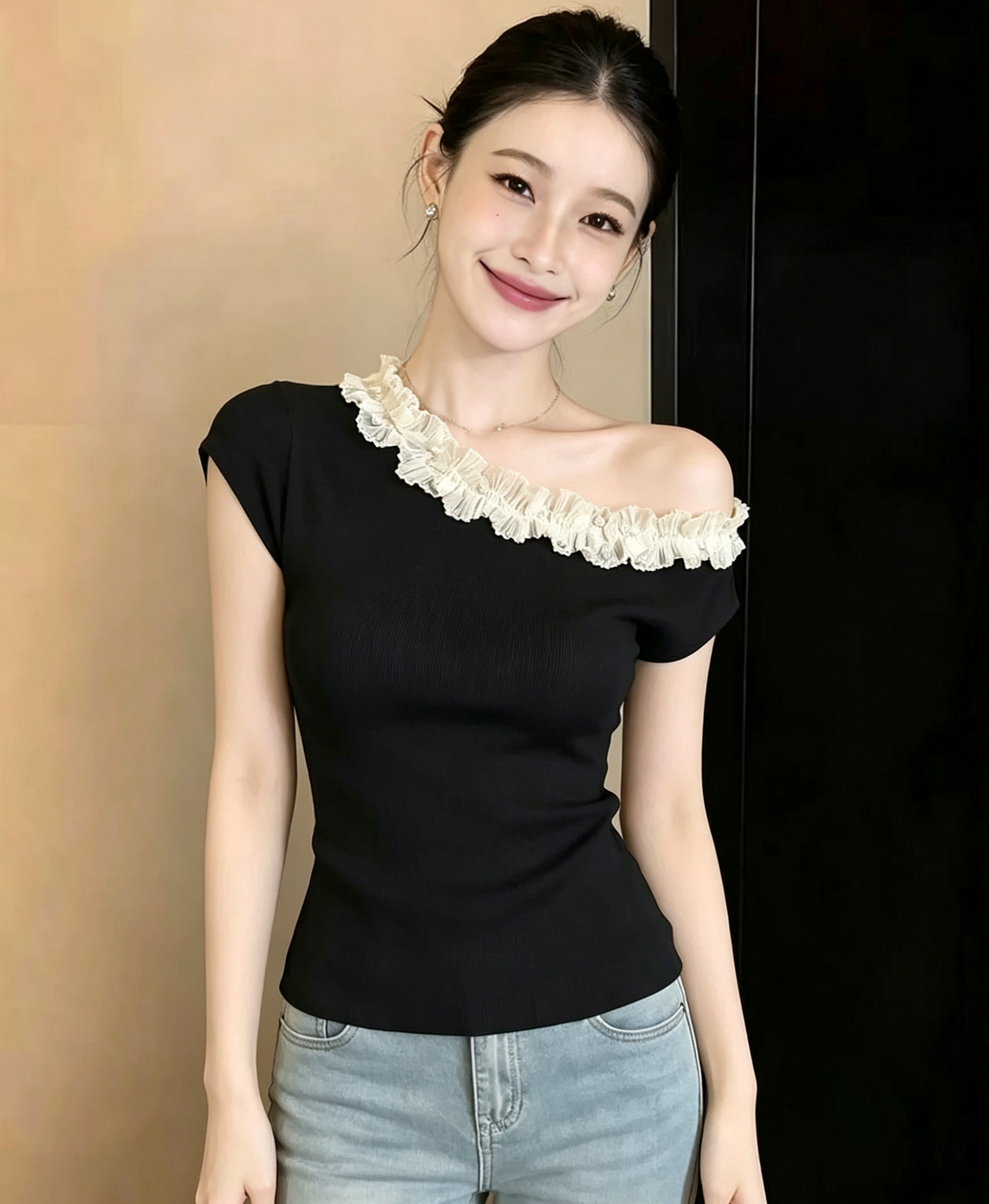 실사 비스듬한 칼라 오프숄더 3 차원 목이버섯 레이스 니트 스웨터 여성 2026 여름 품격 몸매 가꾸기 슬림해 보이는 반팔 맨위
