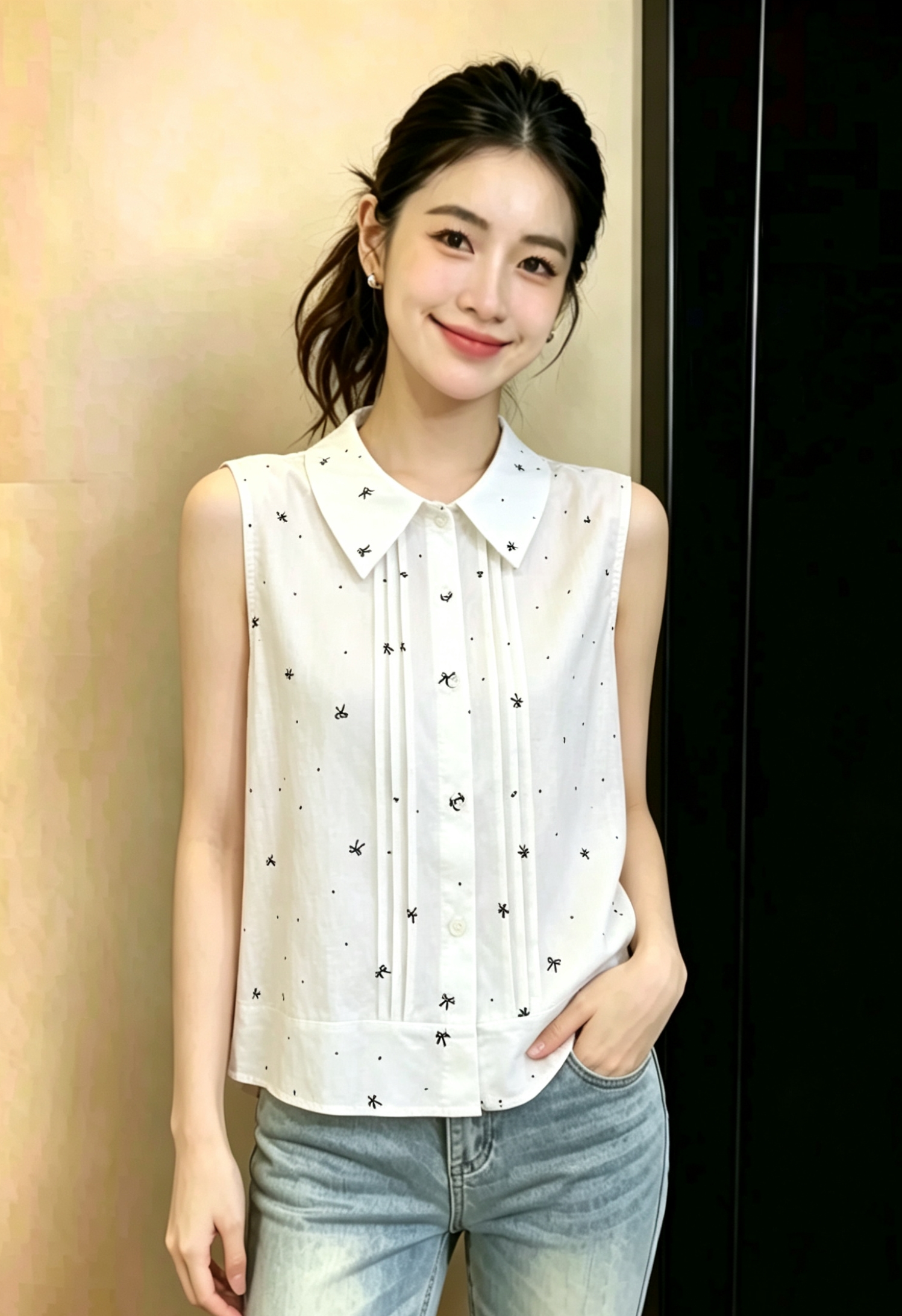 디자인 센스 하트 프린트 싱글 줄 버튼 폴로 칼라 민소매 조끼 2026 여름 패션 트렌드 Chic 작은 셔츠 맨위