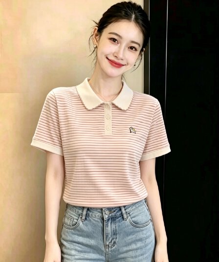 POLO 칼라 긍정적 인 어깨 스트라이프 티셔츠 여성 여름 2026 년 새로운 고유 한 아름다운 Chic 작은 대중 아니요 명중 섹션 맨위