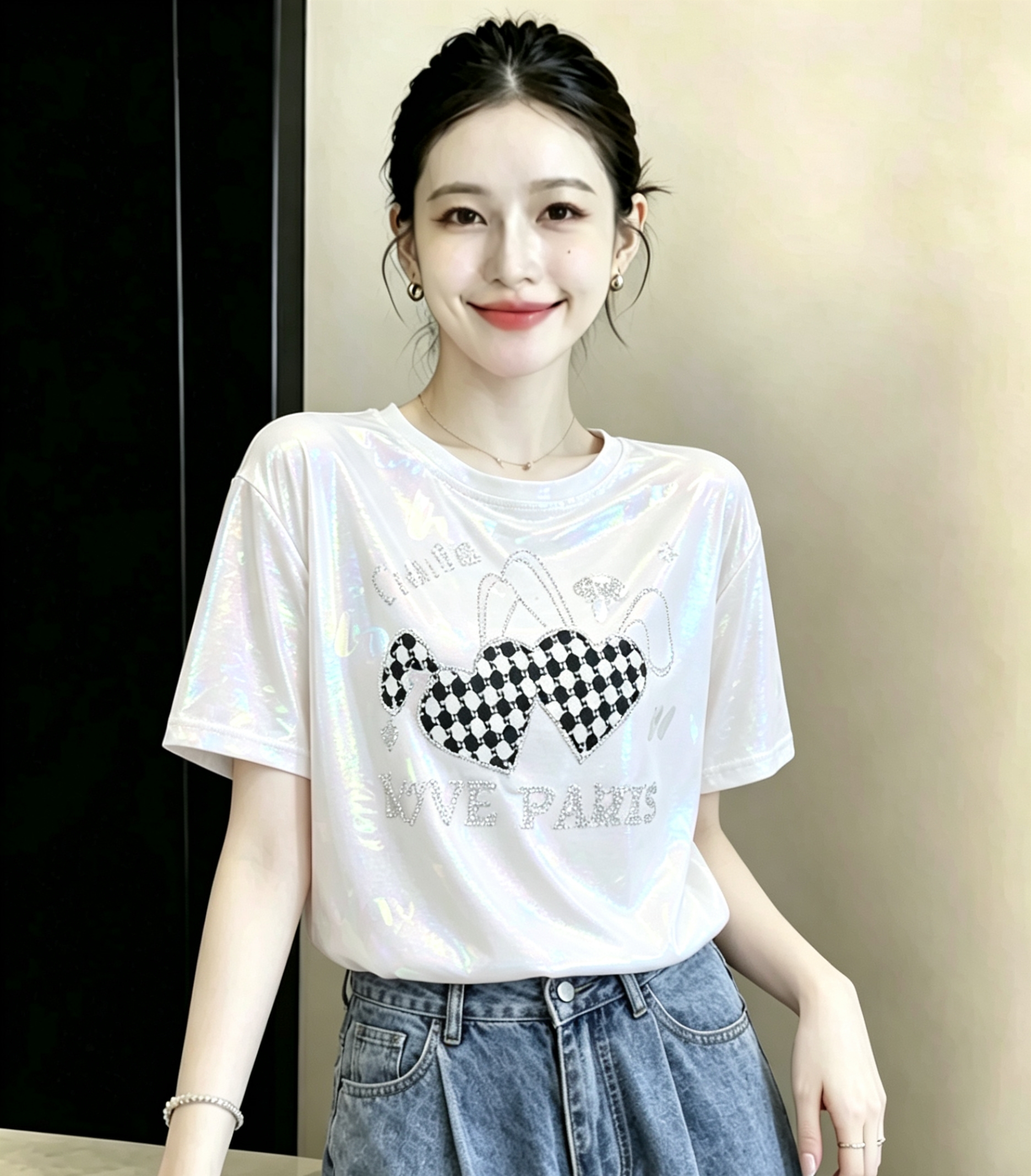 얼음 실크 라운드 넥 긍정적 인 어깨 반팔 티셔츠 여성 여름 드레스 2026 여름 새로운 루즈핏 슬림해 보이는 다용도 맨위 티셔츠