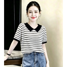 批发Polo领撞色条纹冰丝<b class='q'>针织衫</b>女短袖2026夏季新款薄款翻领打底上衣潮