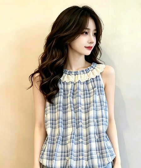 프랑스식 레이스 레이스 행침 목 조끼 여성 여름 섹션 도파민 소녀 체크무늬 인형 셔츠 민소매 꽃밭 작은 맨위