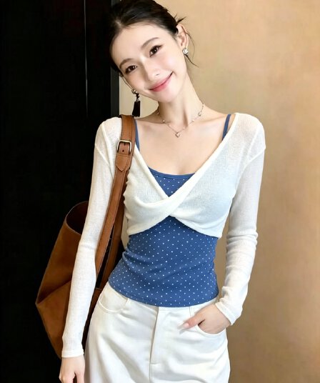 한 부서 섹시함 바람 품격 슬림해 보이는 도트 무늬 행침 목 캐미솔 2026 새로운 우아함 블라우스 투피스 세트