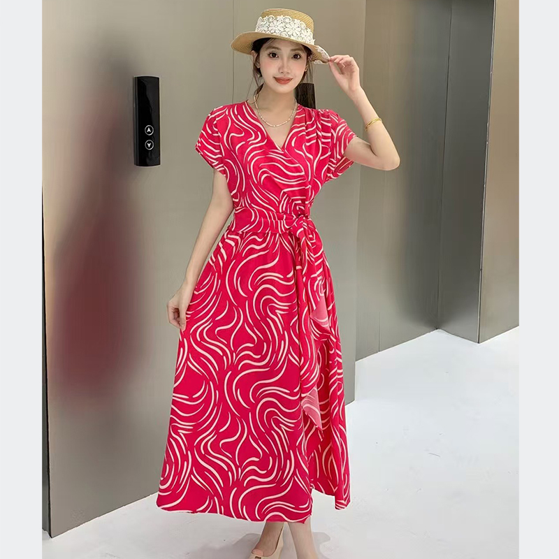 FA36883# 夏季新款高端女装时尚气质印花V领短袖连衣裙宽松显瘦长裙 服裝批發女裝批發服飾貨源