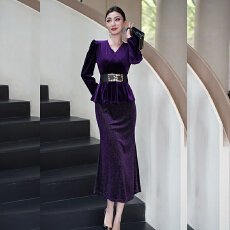 批发金丝绒<b class='q'>连衣裙</b>套装女春秋季新款<b class='q'>高端</b>精致收腰显瘦气质包臀鱼尾裙子