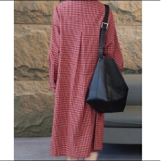 批发时尚红色休闲优雅气质<b class='q'>显瘦</b>中长款格子连衣裙