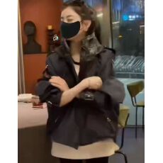 批发立领拼接老花时尚连帽款风衣外套 海军蓝短款