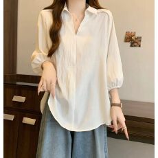 批发别致设计慵懒风半袖衬衣女夏季大码<b class='q'>宽松</b>显瘦<b class='q'>上衣</b>简约休闲V领衬衫