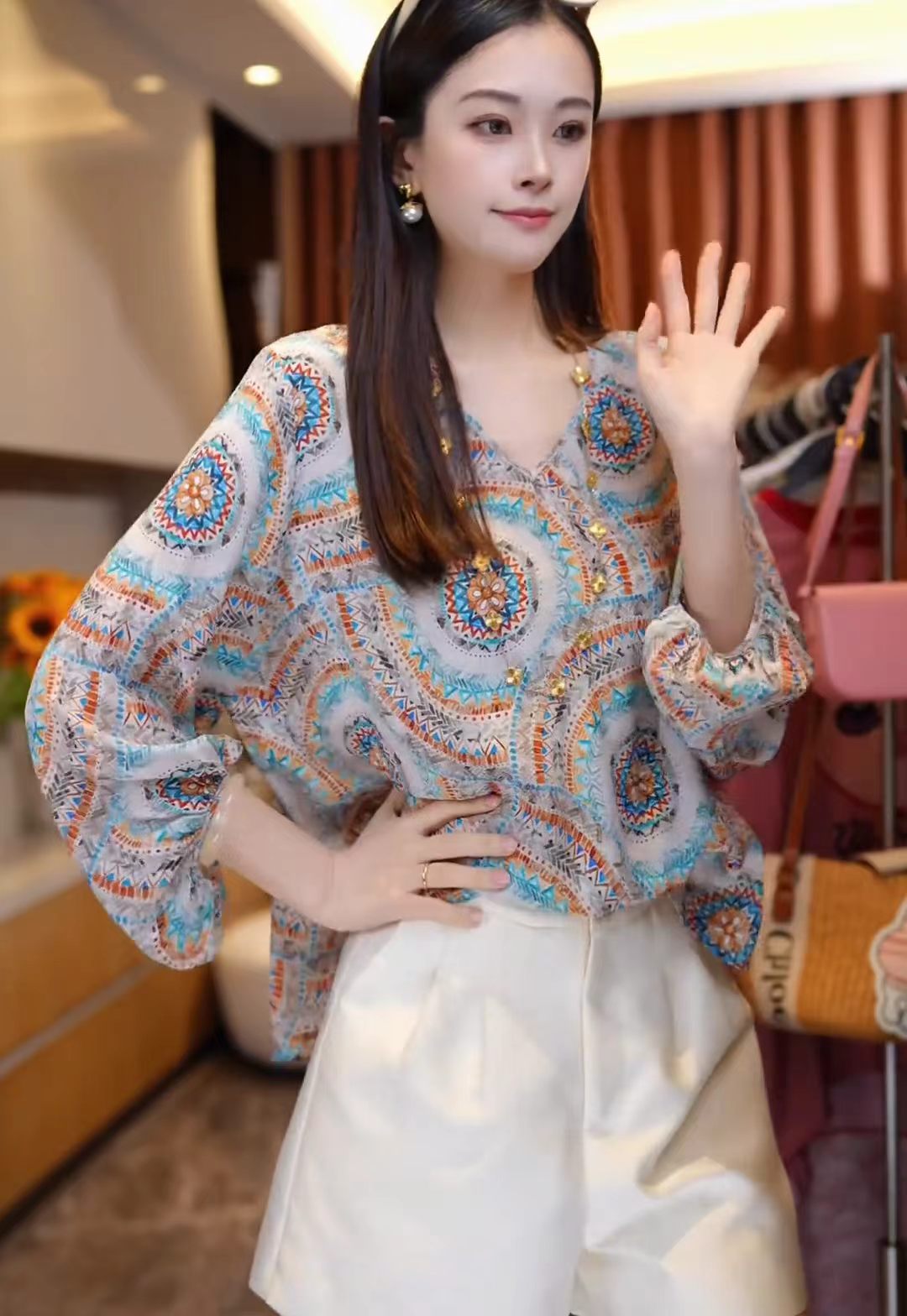뽕나무 누에 실크 더블 크레이프 파란색 프린트 패턴 패션 실크 맨위