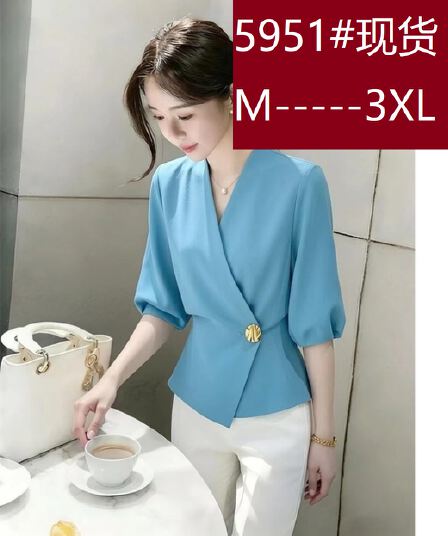 프랑스식 고급 거품 소매 V넥 허리 수축 여성 셔츠 여름 연령 감소 고유 한 슈퍼 잘 생긴 새로운 아름다운 작은 셔츠