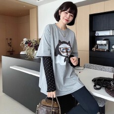 批发卡通印花假两件波点长袖t恤女2025新款巨好看早秋穿搭打底衫上衣