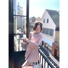 批发进修校花/千金感粉色长袖上衣针织毛衣超好看秋冬裙子套装