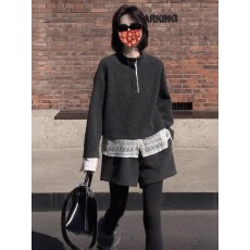 批发韩系时尚百搭冬装一整套搭配女拼接蕾丝半<b class='q'>高领</b>卫衣毛呢短裤两件